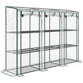 Large serre de balcon transparente avec trois portes enroulées et étagères