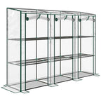 Large serre de balcon transparente avec trois portes enroulées et étagères