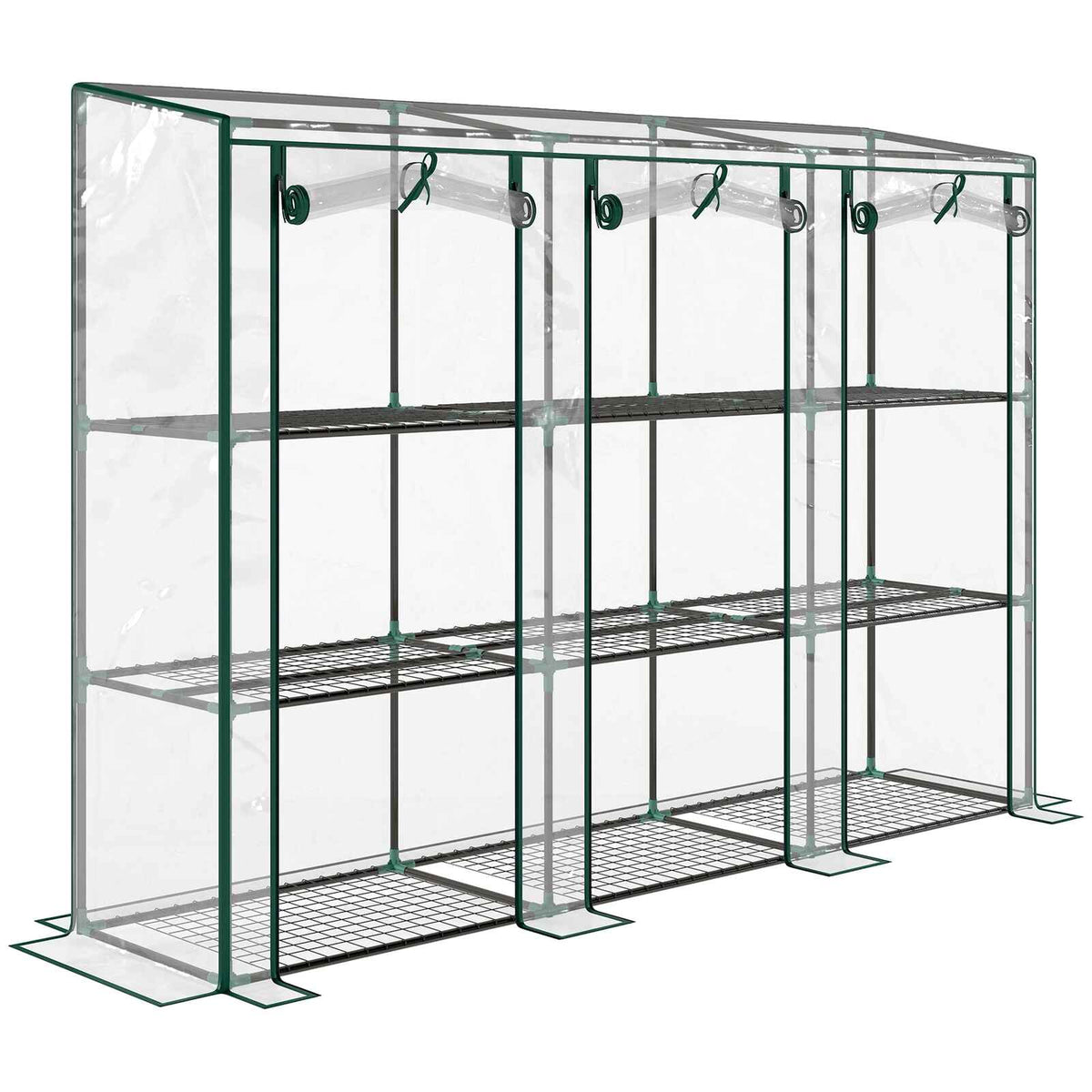 Large serre de balcon transparente avec trois portes enroulées et étagères