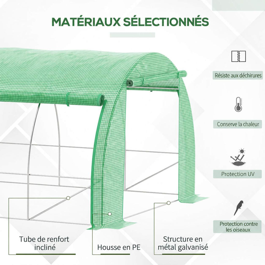 Détails de la bâche verte et de l’armature métallique