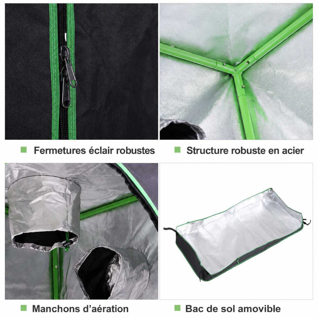 Détails des zips, du cadre, des aérations et du bac de sol