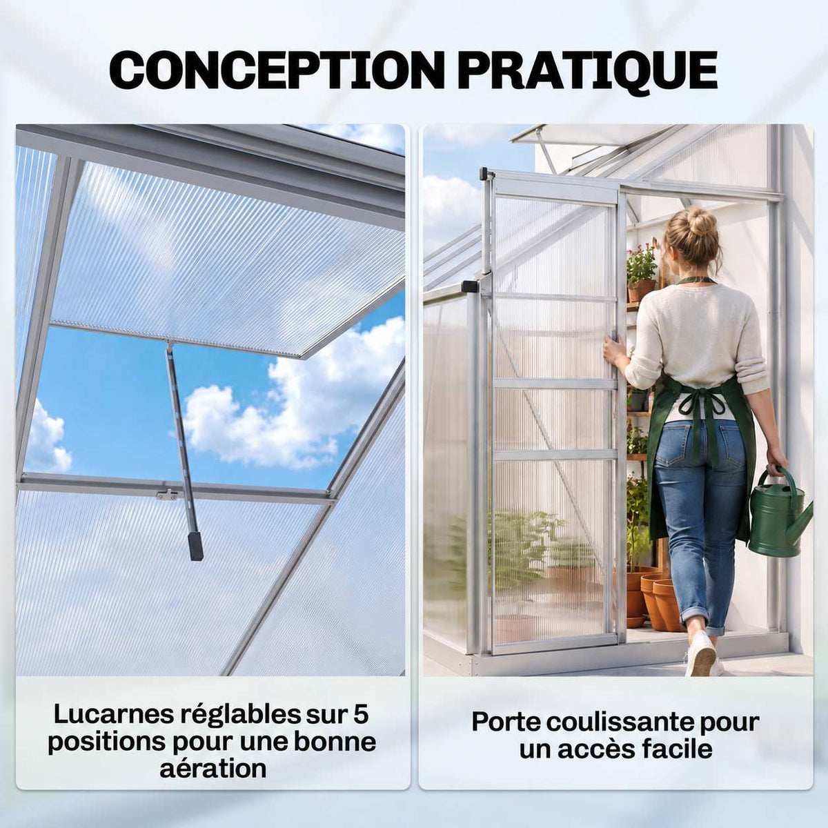 Lucarne réglable et accès à la serre par la porte coulissante