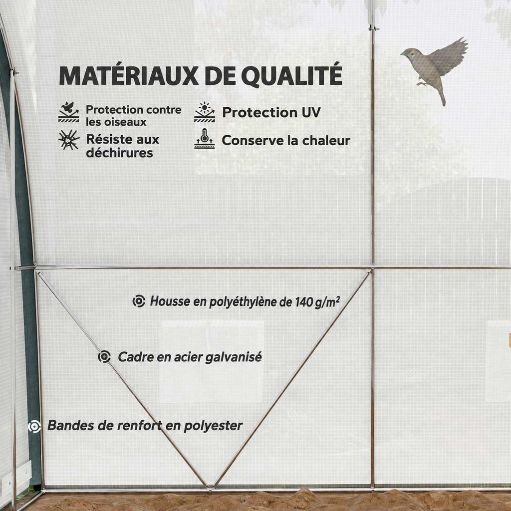 Détail intérieur de la housse et des renforts de la serre tunnel blanche