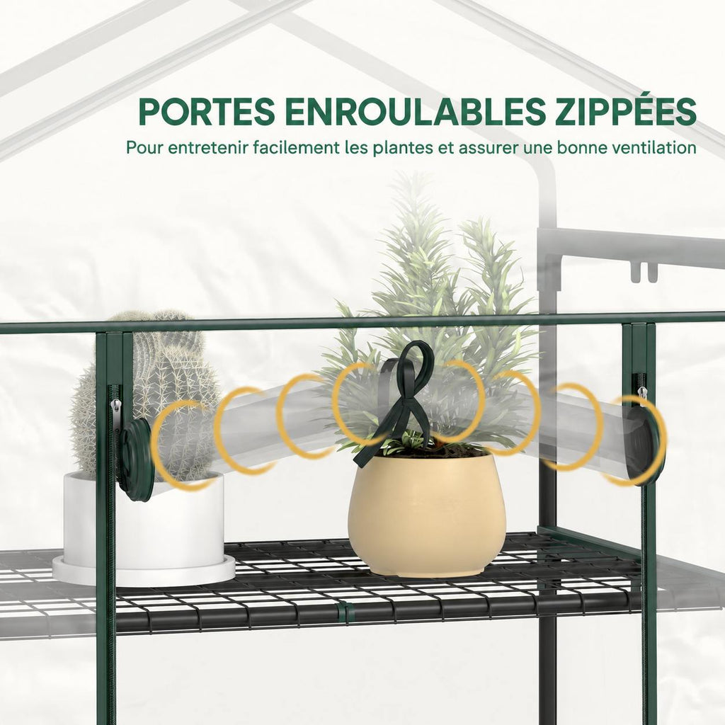 Porte zippée enroulée et nouée au sommet de la serre à étagères