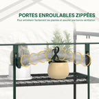 Porte zippée enroulée et nouée au sommet de la serre à étagères