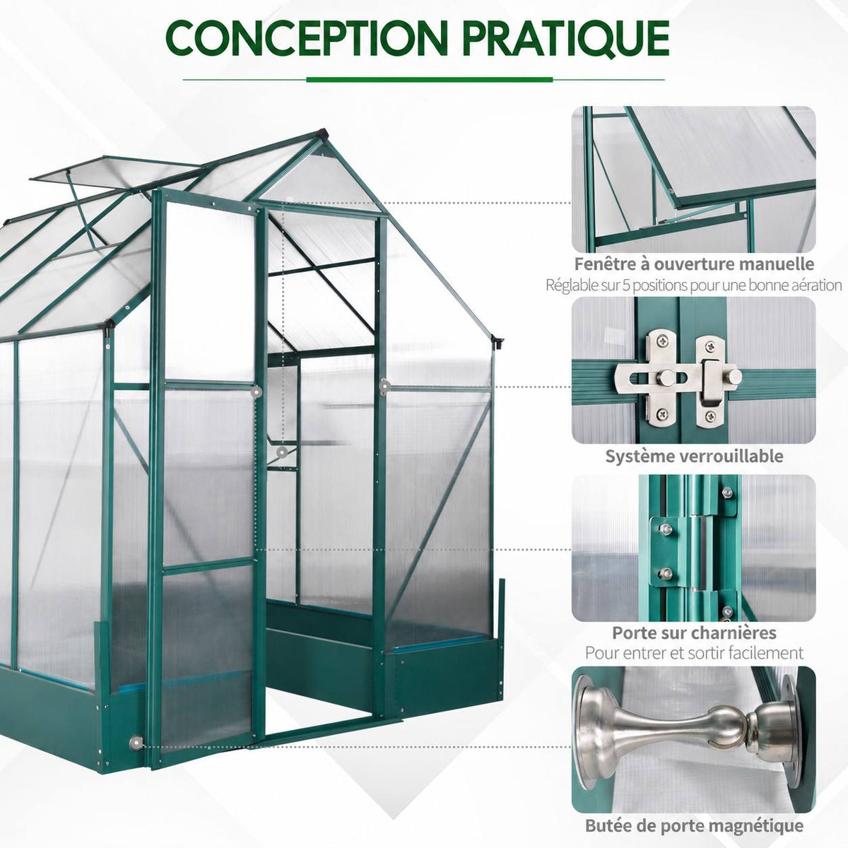 Porte battante, verrou et poignée de la serre verte