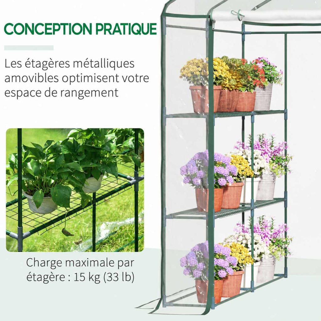 Étagères latérales grillagées de la serre avec pots de fleurs