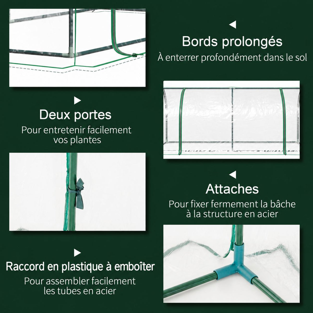 Détails des portes, des attaches et des raccords de mini serre