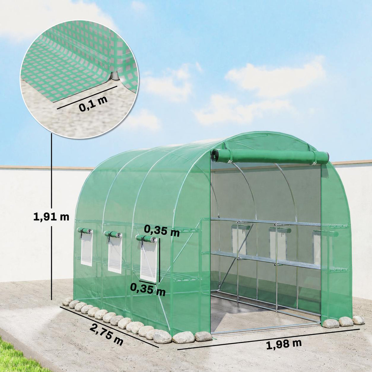 Dimensions de la serre tunnel verte : 275 × 198 × 191 cm