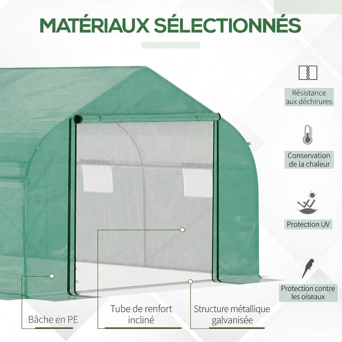 Serre verte avec détail de la bâche et des renforts