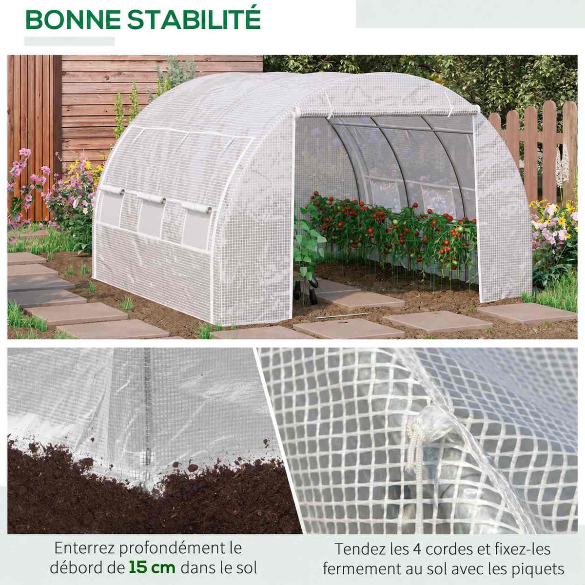 Serre blanche avec détails du bord de housse et du haubanage