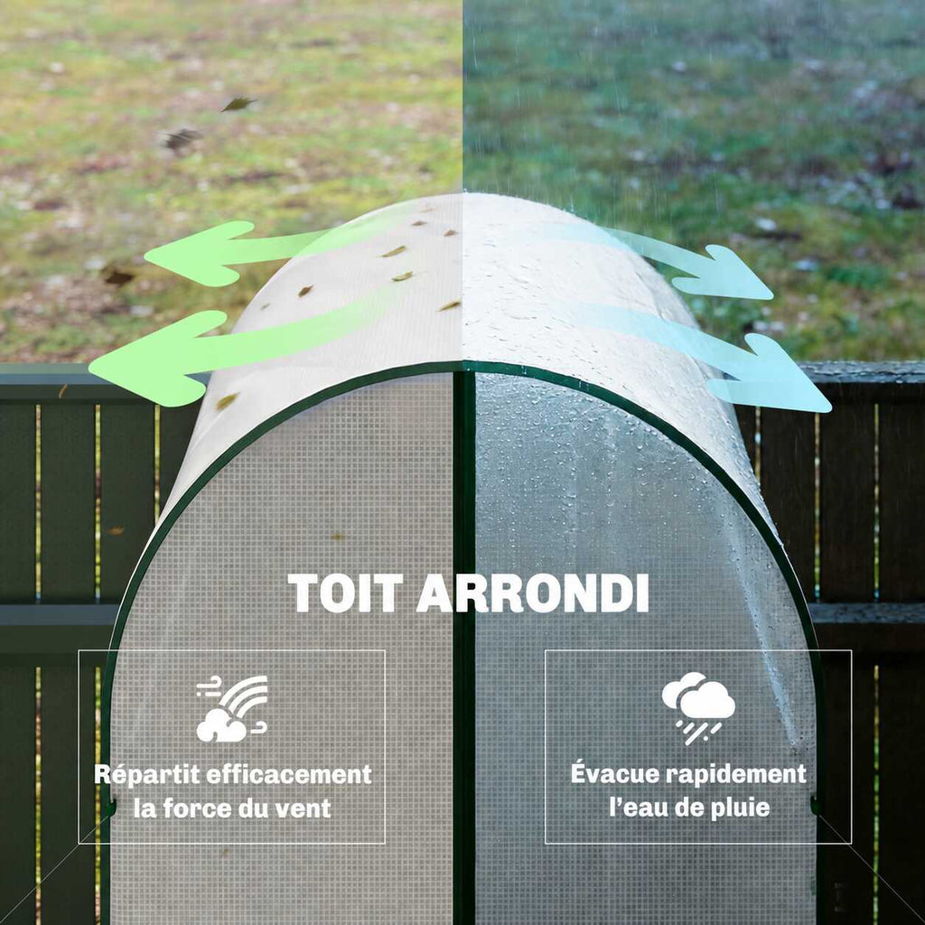 Toit arrondi de la petite serre avec schéma d’écoulement de l’eau
