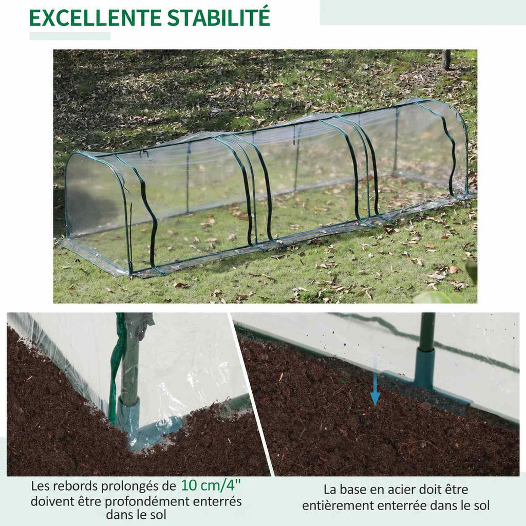 Mini-serre et détails de son bord de bâche et de l’ancrage au sol