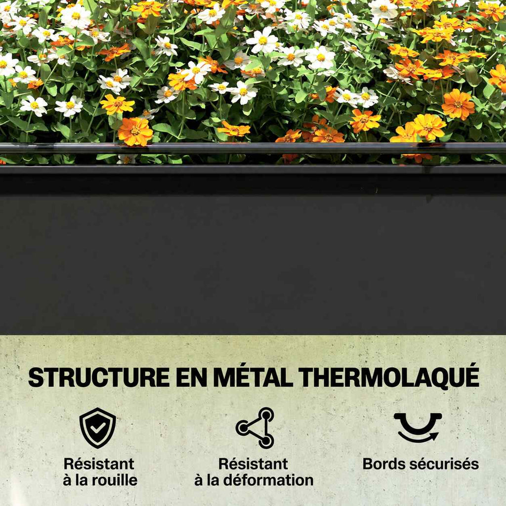 Détail du bac potager noir en métal et des fleurs qu’il contient