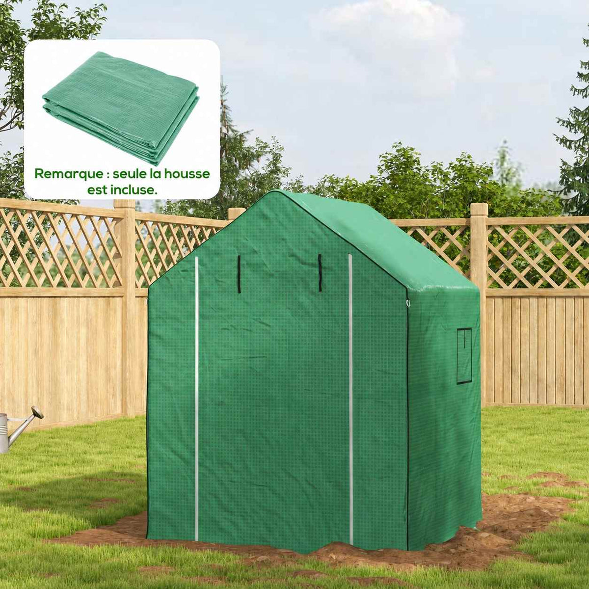 Exemple de housse verte fermée montée au jardin
