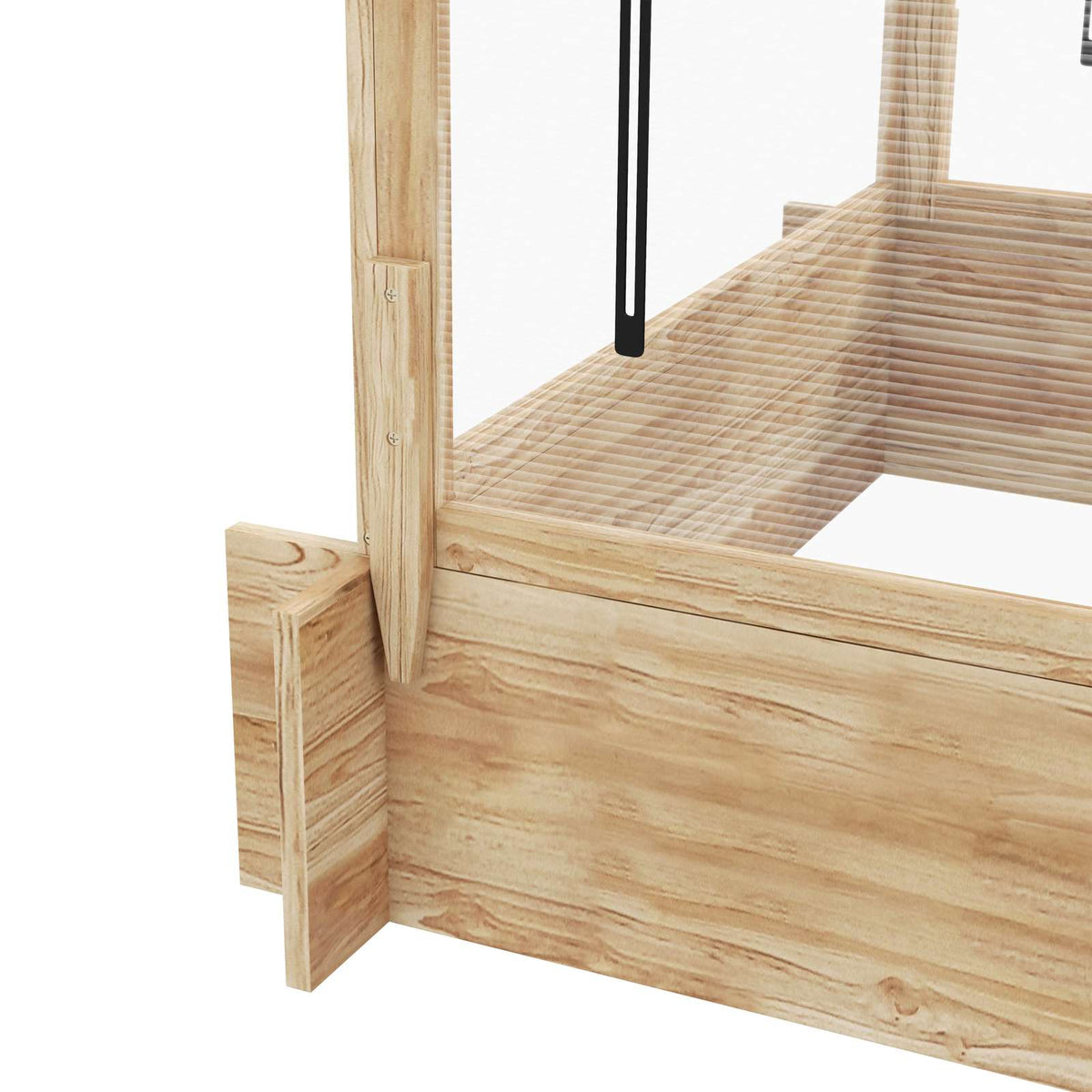 Détail du bac en bois et de l’angle de la serre