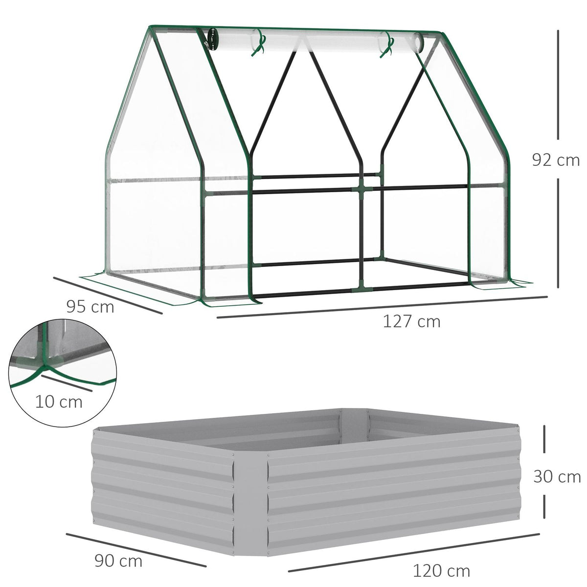 Dimensions du carré potager argenté et de sa housse de serre