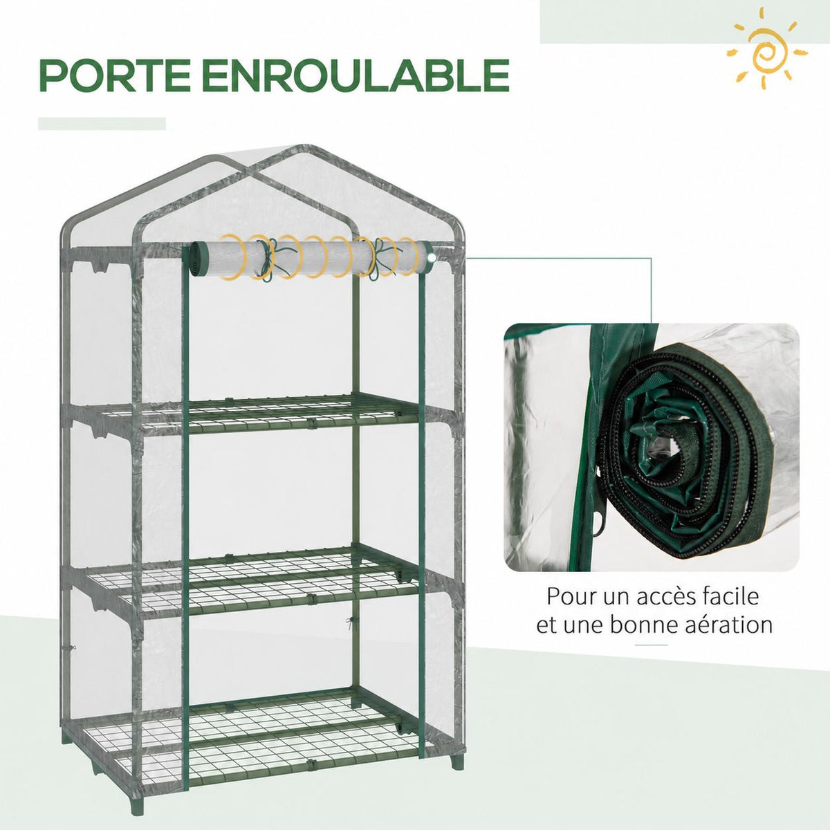 Mini serre transparente avec détail de la porte enroulable