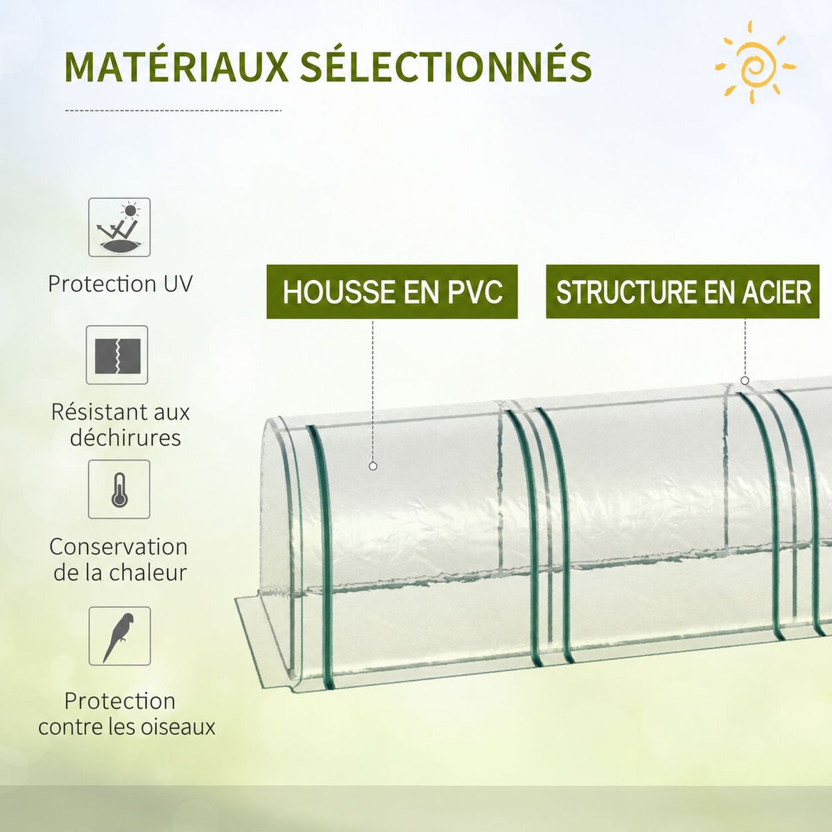 Mini serre tunnel transparente avec encarts sur la housse et l’armature