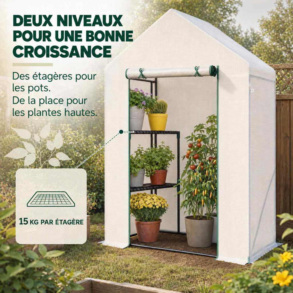 Serre blanche avec plantes sur deux tablettes et au sol