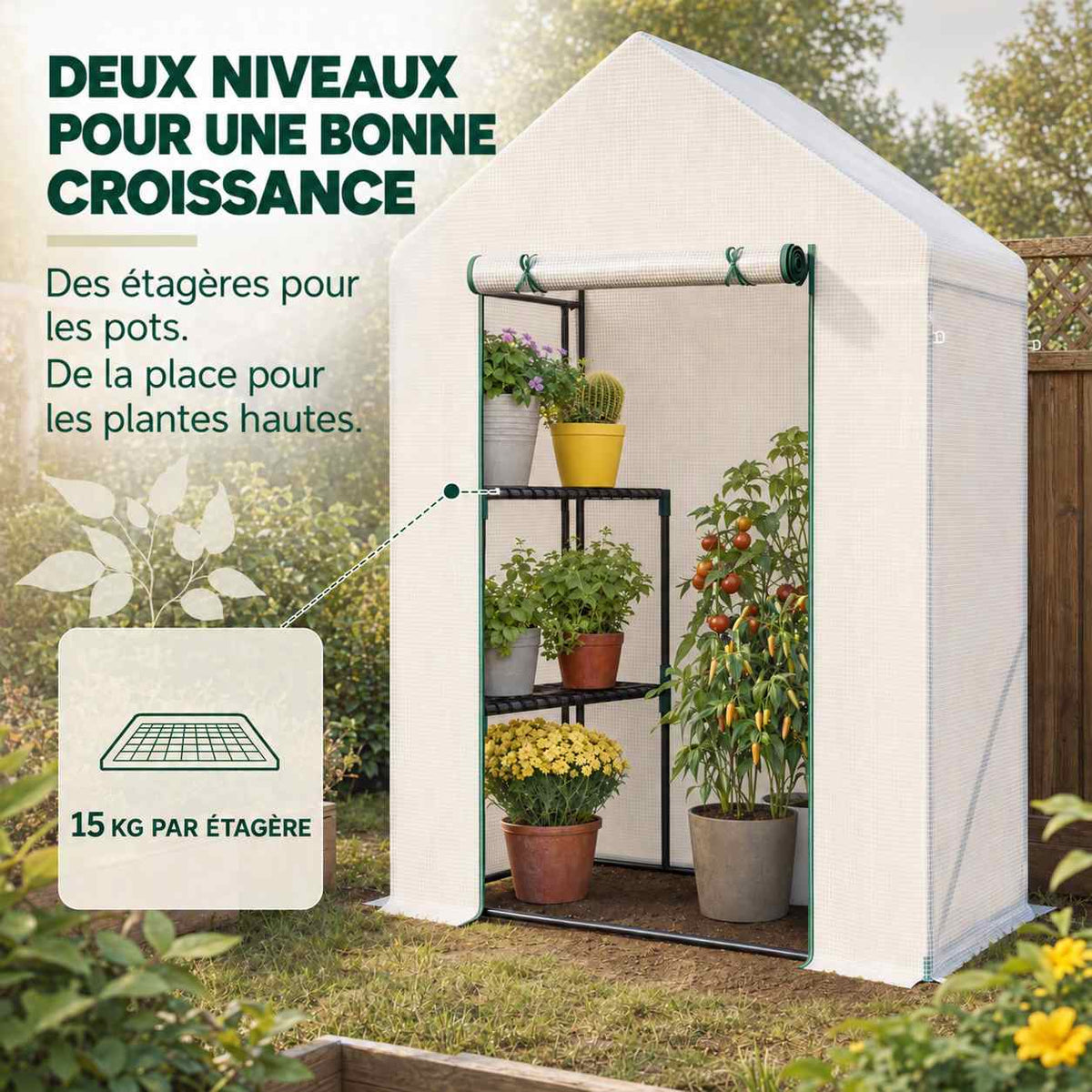 Serre blanche avec plantes sur deux tablettes et au sol
