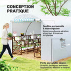 Personne à l’entrée de la serre blanche et détails des ouvertures