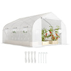 Serre tunnel blanche ouverte avec plants de tomates, cordes et piquets