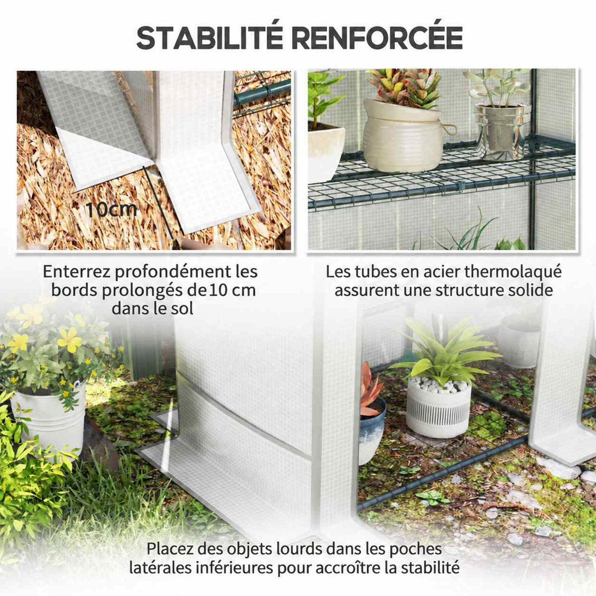 Détails du bord de housse et du lestage de la serre blanche