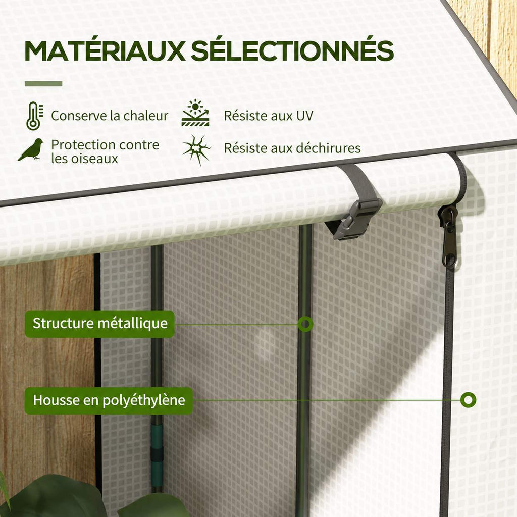 Détail de la housse blanche quadrillée et de l’armature métallique