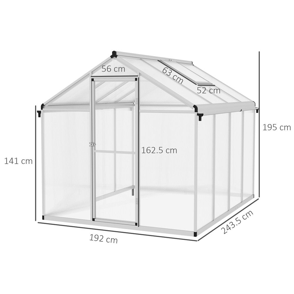 Dimensions de la serre en polycarbonate : 243,5 × 192 × 195 cm