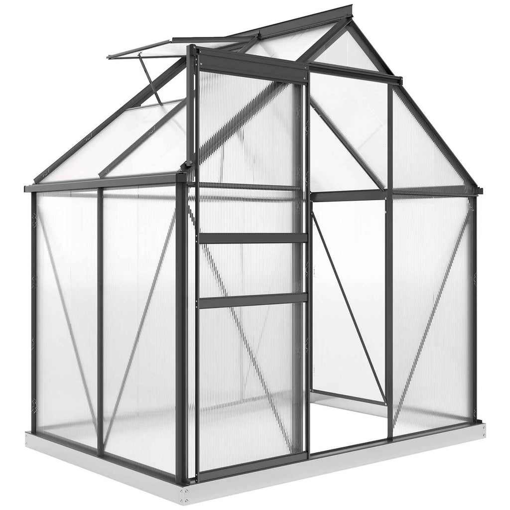 Serre noire en polycarbonate avec porte coulissante et lucarne ouverte