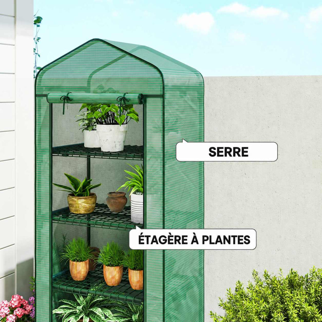 Mini serre verte présentée comme serre et étagère à plantes