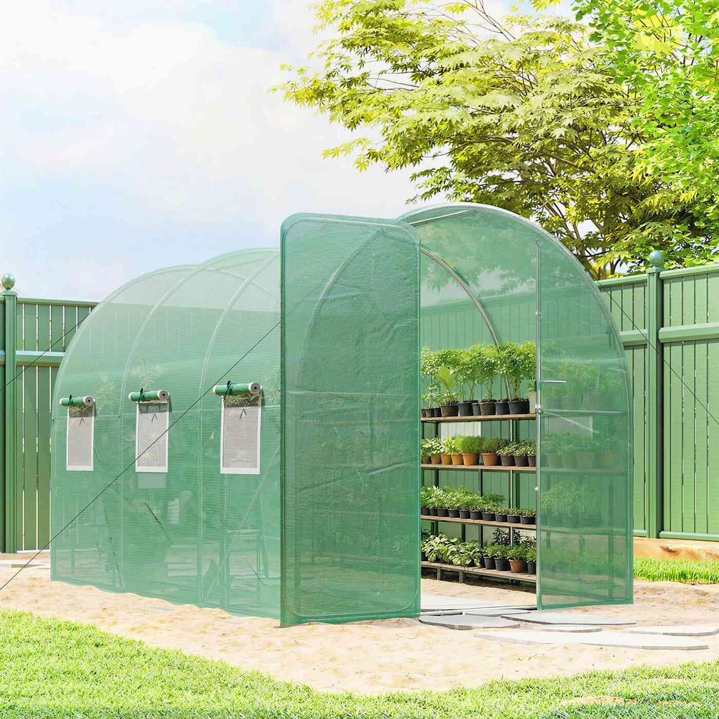 Serre tunnel verte ouverte contenant des plantes sur étagères au jardin