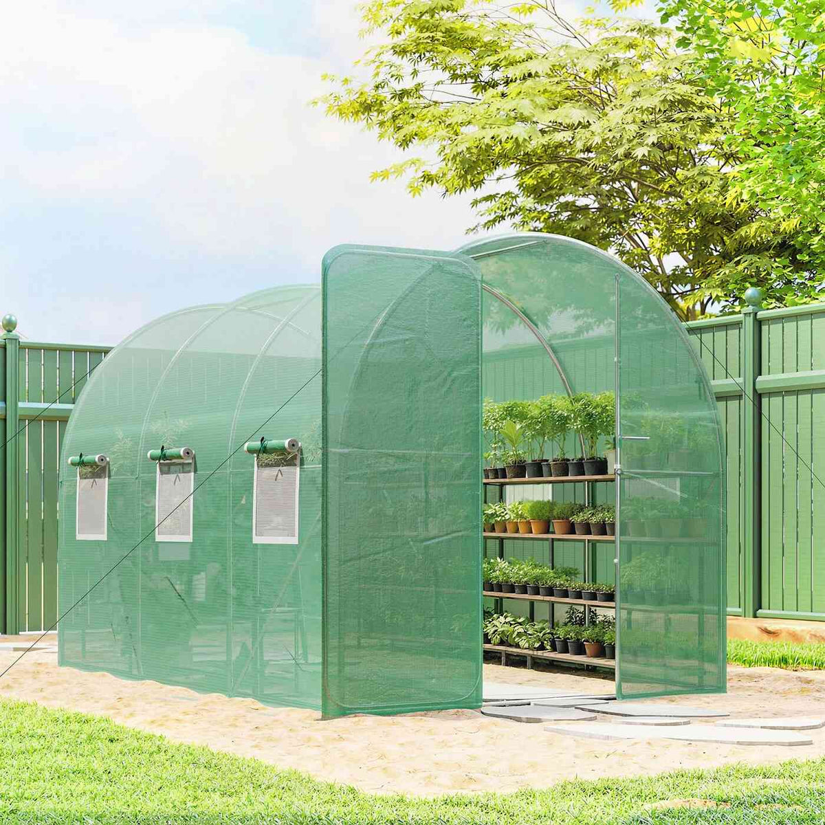 Serre tunnel verte ouverte contenant des plantes sur étagères au jardin