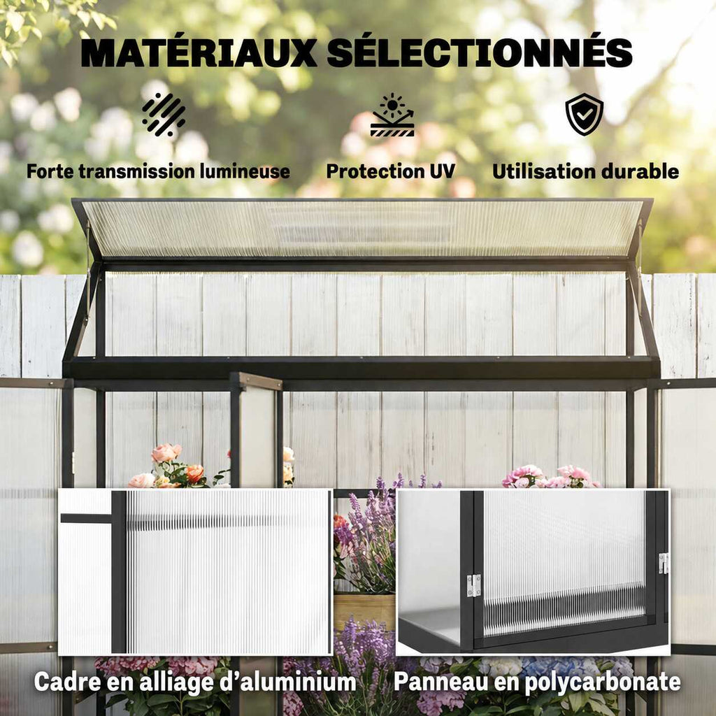Détails de la structure et des panneaux de la serre adossée noire