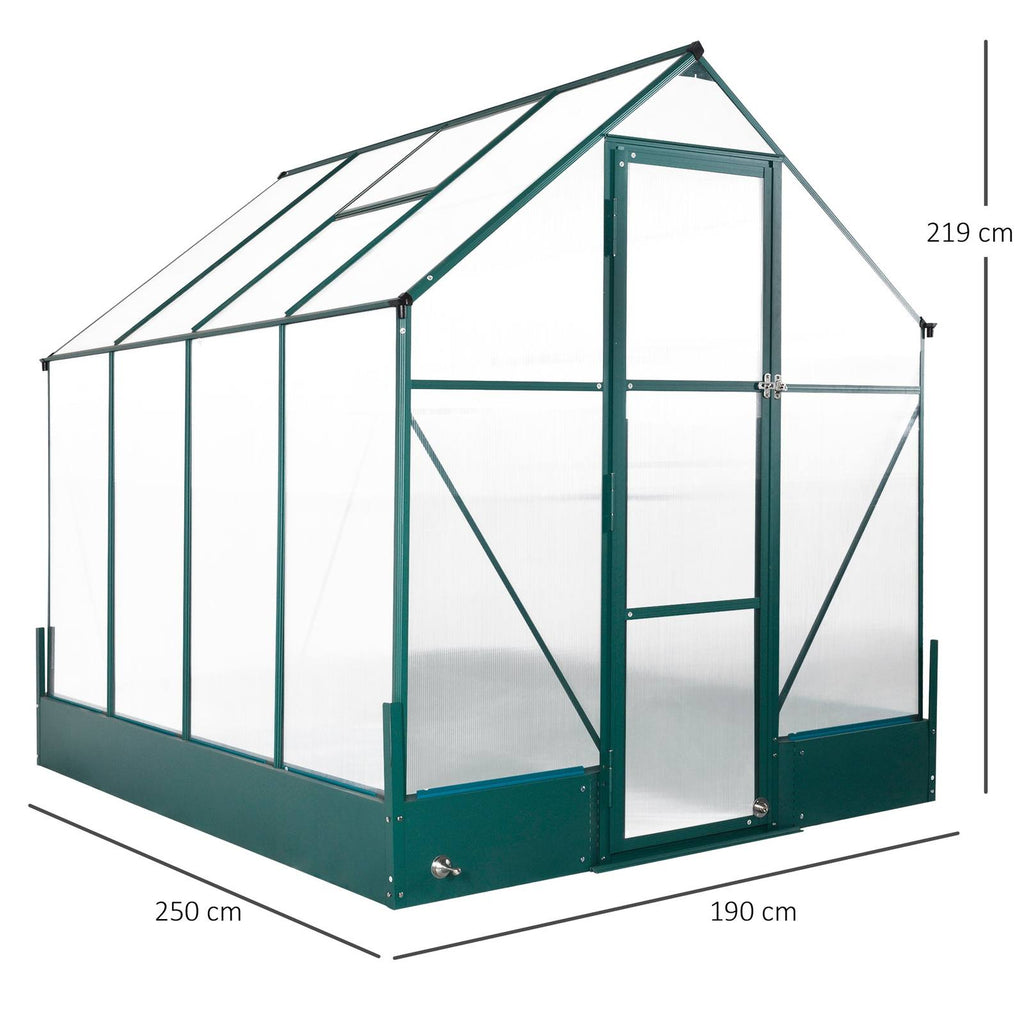 Dimensions de la serre verte avec embase : 250 x 190 x 219 cm