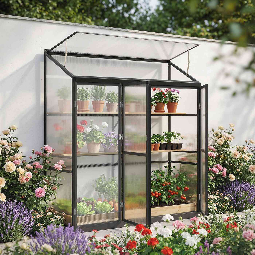 Serre adossée noire avec plantes en pots et toit ouvert dans le jardin