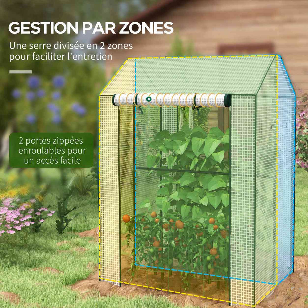 Serre blanche avec illustration des deux zones de culture