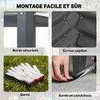 Détails de montage du bac potager : bords, écrous, gants et bande de protection