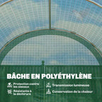 Détail intérieur de la housse verte et des arceaux de la serre tunnel