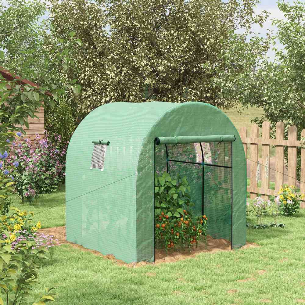 Serre verte avec tomates sur une pelouse