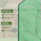 Gros plan de la housse verte et de ses bordures