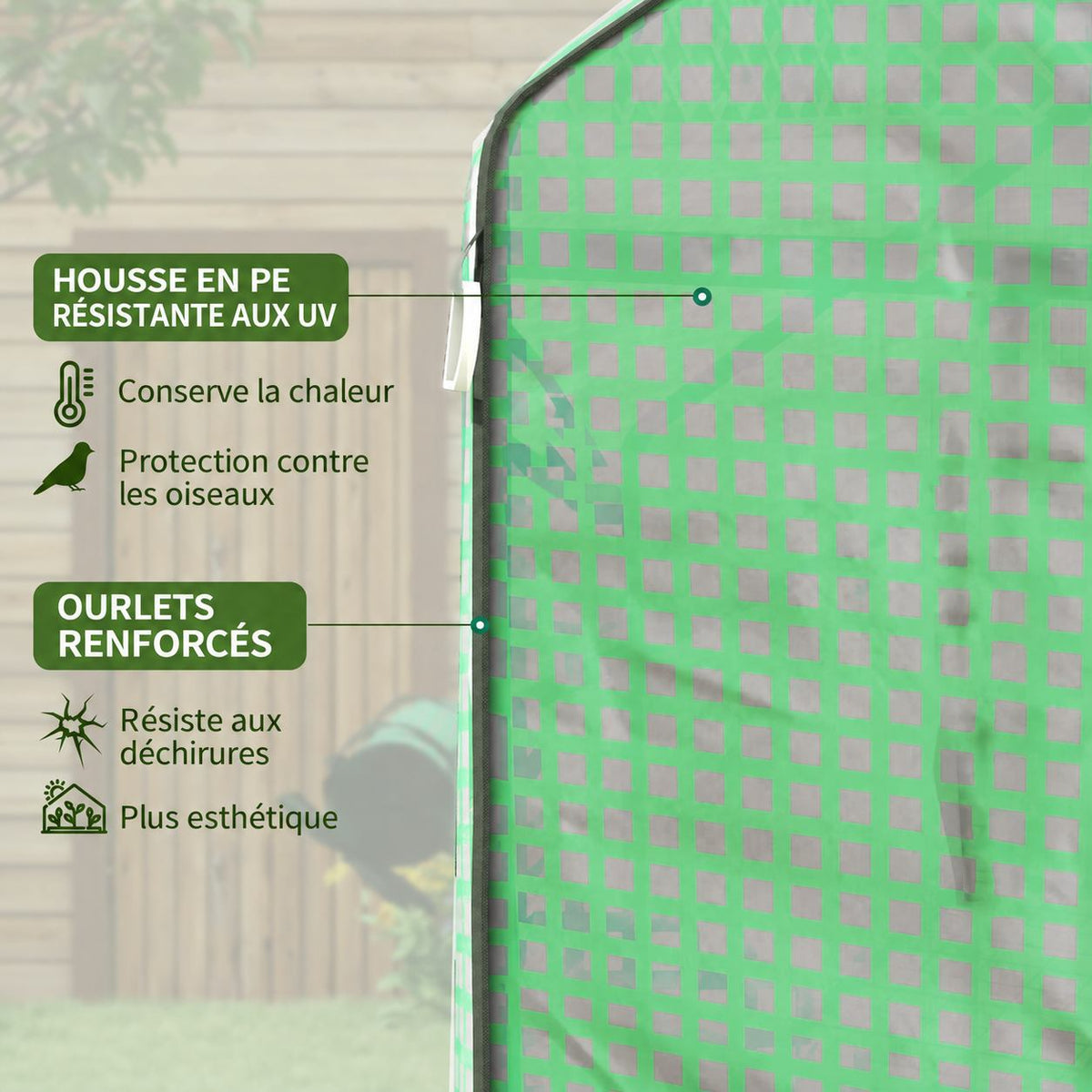 Gros plan de la housse verte et de ses bordures