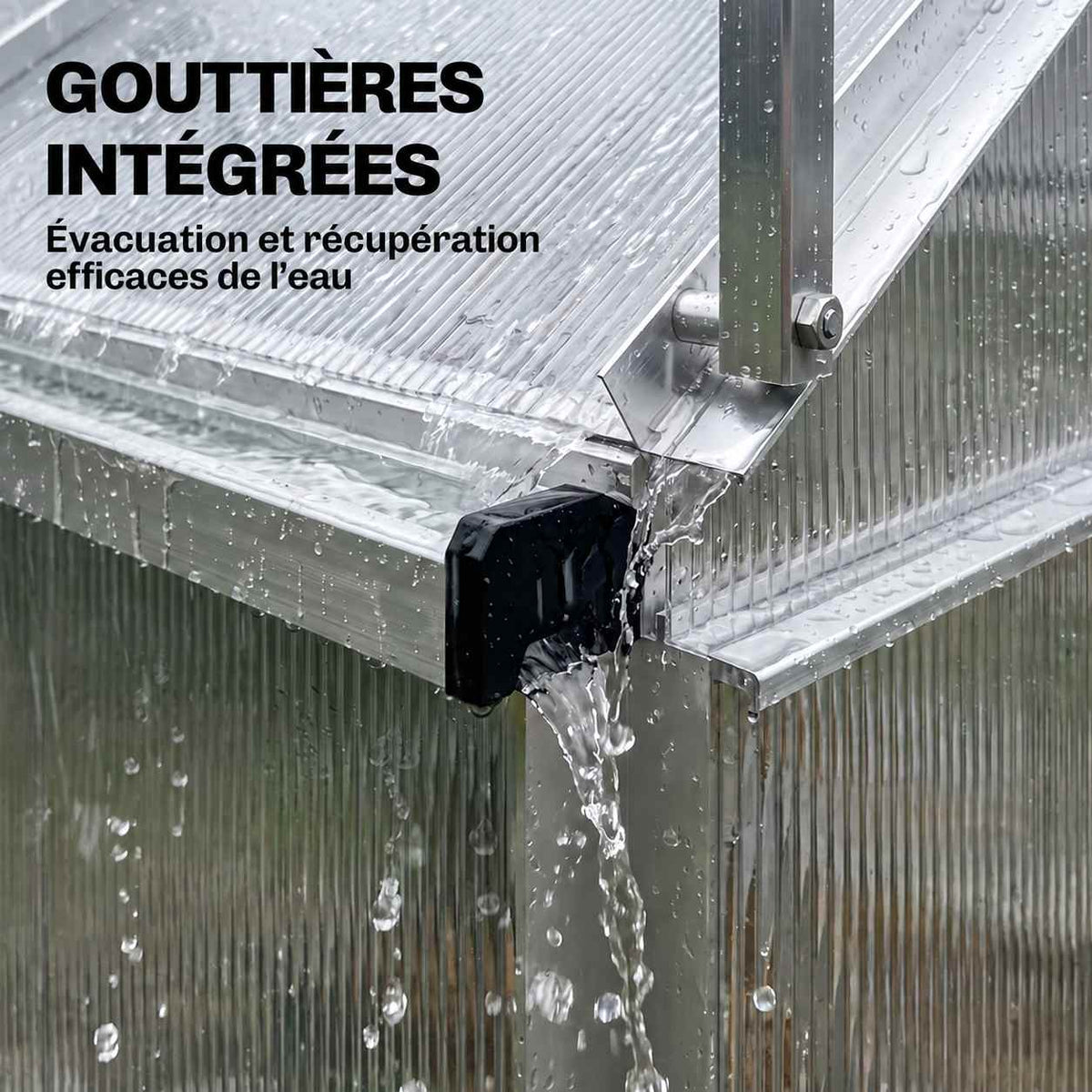 Eau s’écoulant de la gouttière de la serre adossée