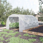Serre blanche avec plantes près d’un bac potager