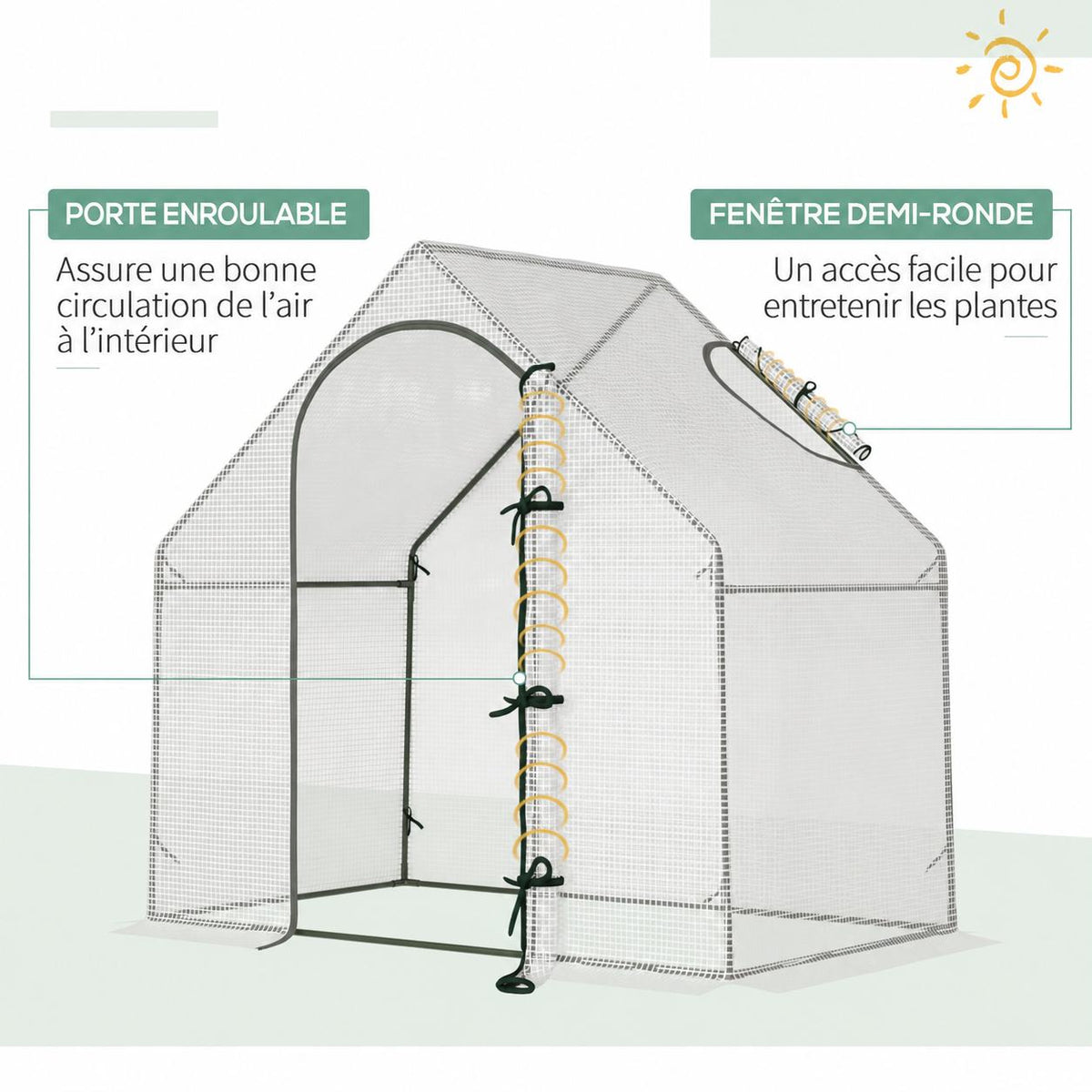 Porte enroulable et fenêtre arrondie de la serre à tomates blanche