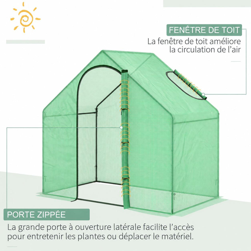Présentation de la porte zippée et de la fenêtre de toit de la serre
