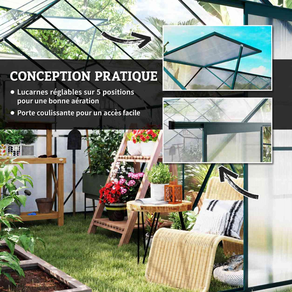 Présentation des lucarnes réglables et de la porte coulissante