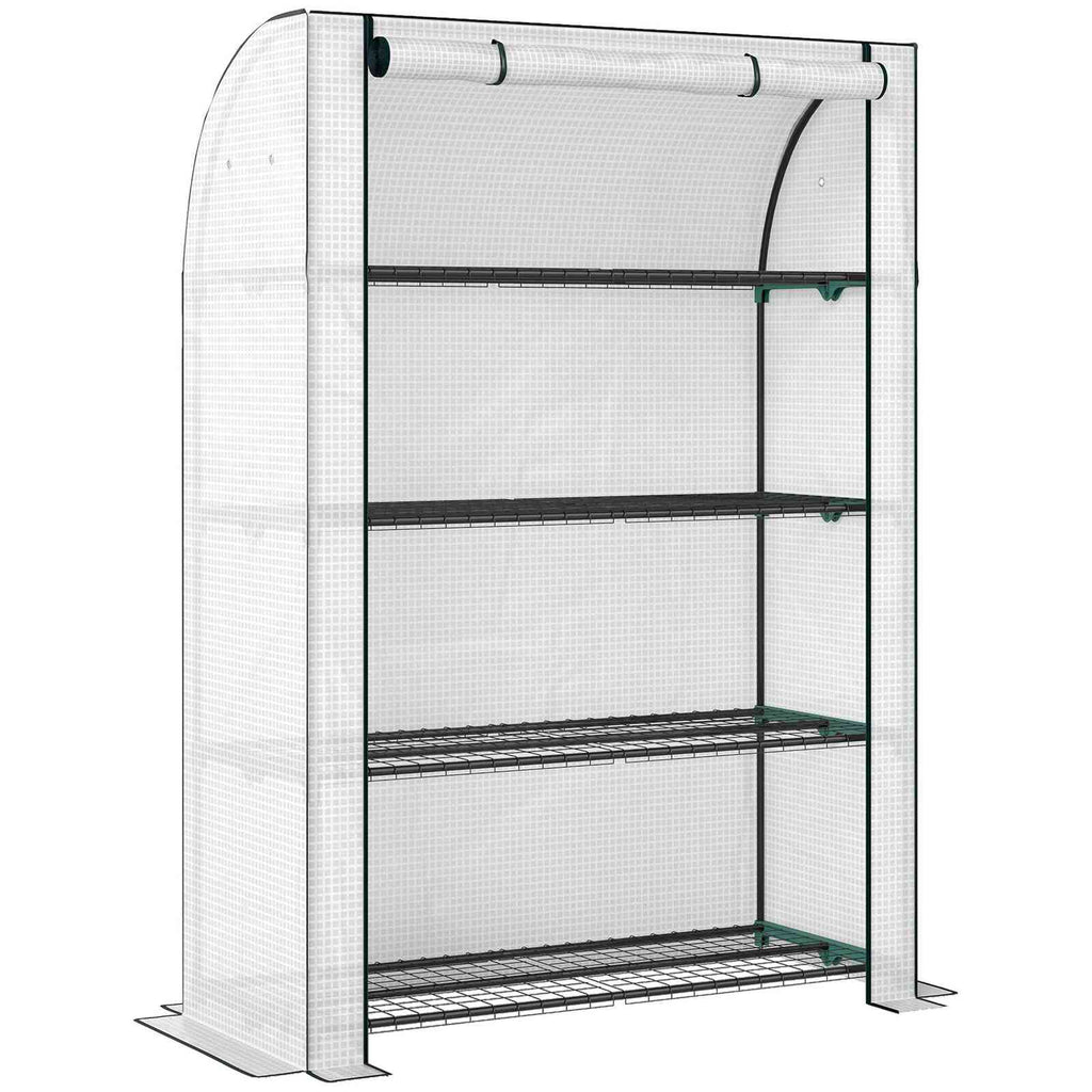 Serre de balcon blanche avec porte enroulée et quatre étagères grillagées