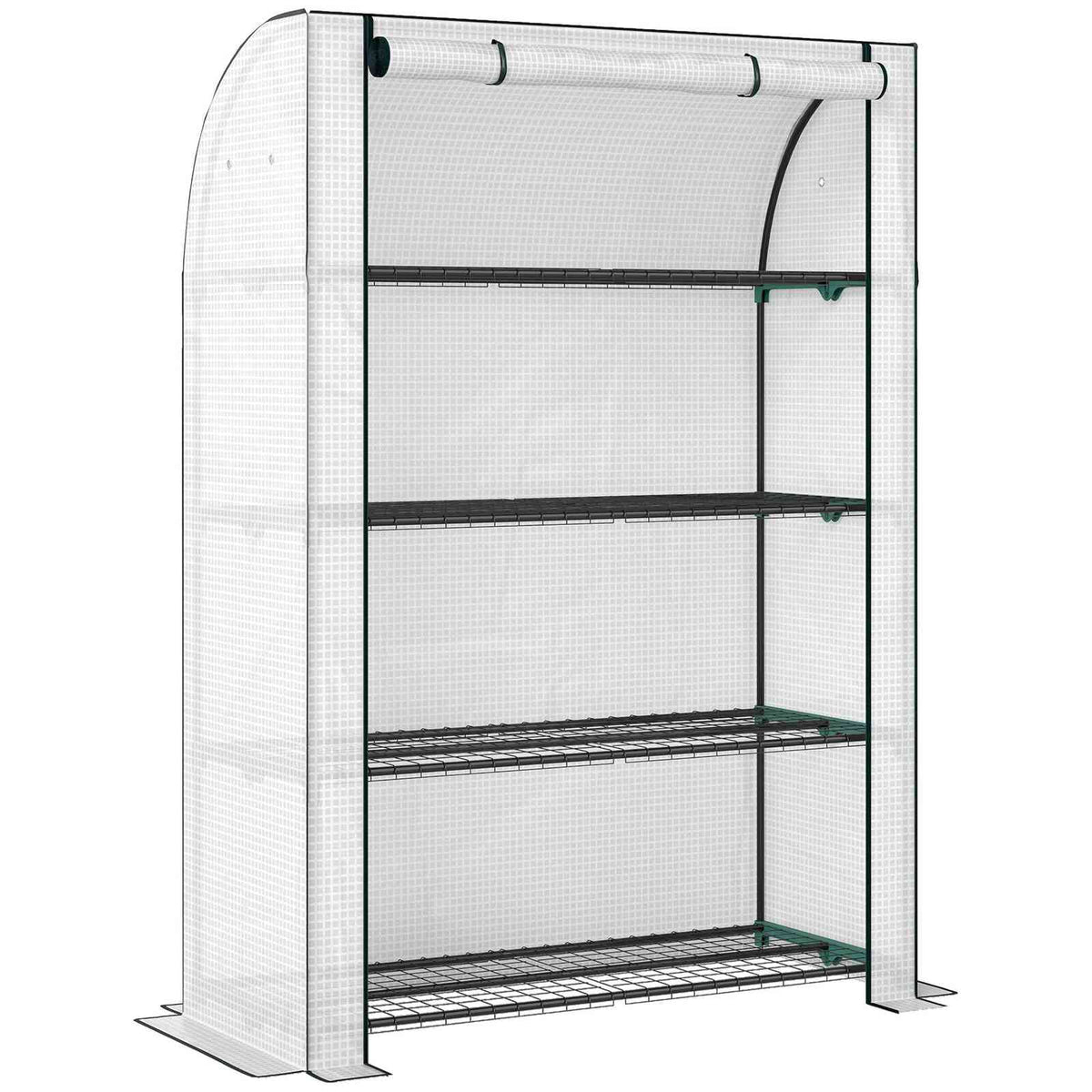 Serre de balcon blanche avec porte enroulée et quatre étagères grillagées